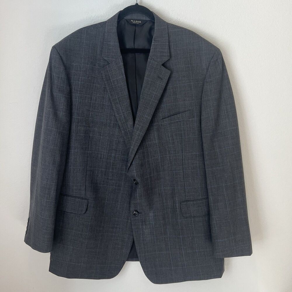 Jos A Bank Mens 52L Gray Blue Plaid Wool Blend Two-Button Blazer